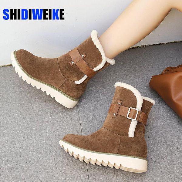 

boots women winter plush shoes casual platform ankle boots ladies buckle wedge snow female leather bota feminina 2020, Black