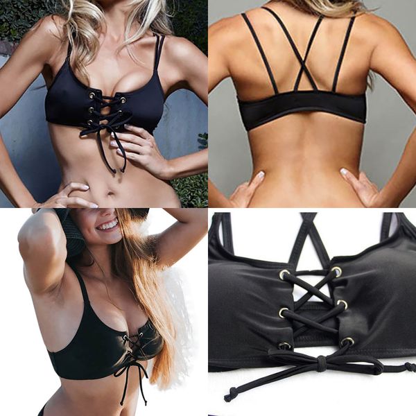 

women swimwear bandage bikini push-up padded bra new solid swimsuit back cross swimming suit maillot de bain q0115, White;black