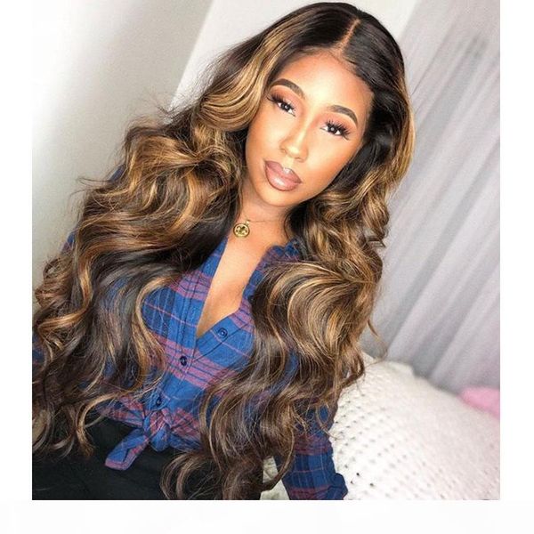 

360 colored human hair wigs deep part honey blonde highlighted wigs natural wave remy preplucked ombre brown lace front wig, Black;brown