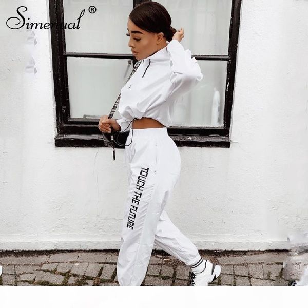 

letter print casual workout two piece set women fashion zipper long sleeve outfits sporty active wear and pants set, White