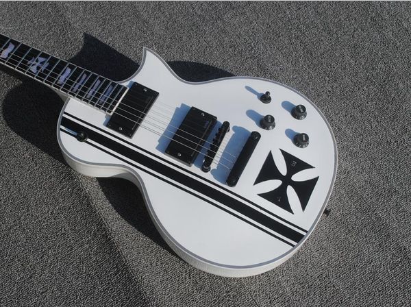 Custom Cruz de Ferro SW James Hetfield Signature Signature Branco Branco Guitarra Elétrica Pickups Caixa de Bateria 9V, Hardware Preto, Frete Grátis