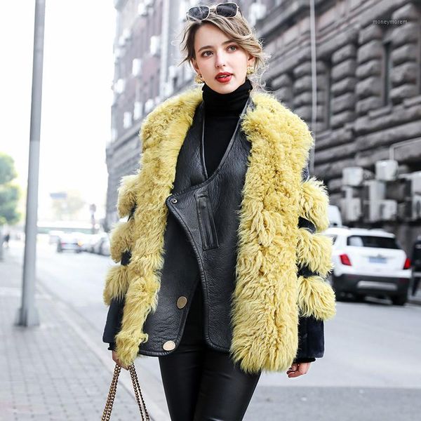 

natural real fur coat female genuine leather jacket autumn winter coat women clothes 2019 vintage double-faced fur zt49861, Black