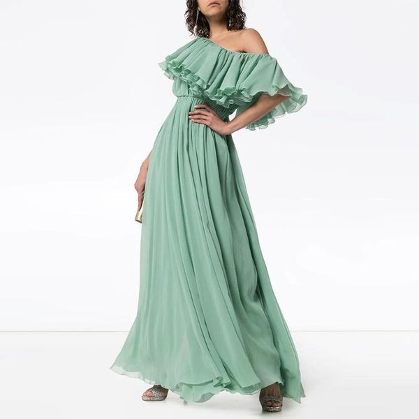 

summer new retro dress green floral drag long dress slant shoulder elegant super fairy1, Black;gray