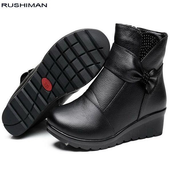 

rushiman fashion winter shoes women's genuine leather ankle boots casual comfortable warm woman snow boots flat, Black