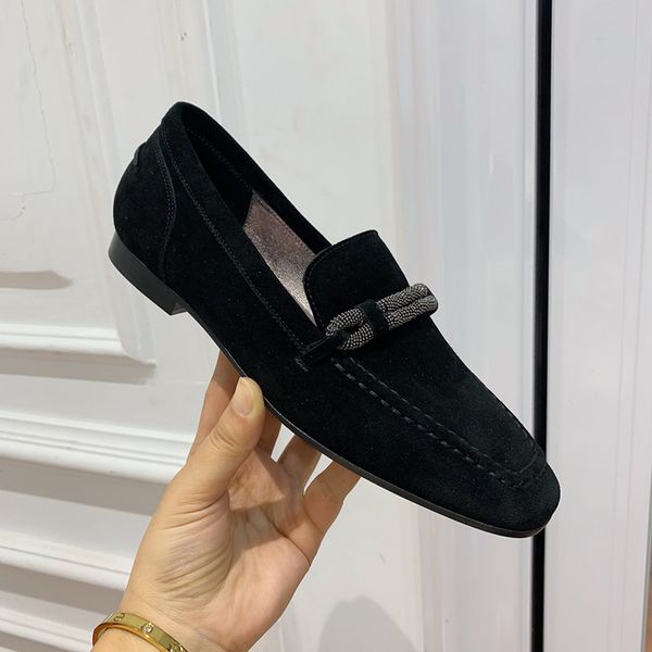 

designer four seasons womens dress shoes manual series bead chain decorative buckle loafers genuine leather flat comfortable women shoe us s, Black