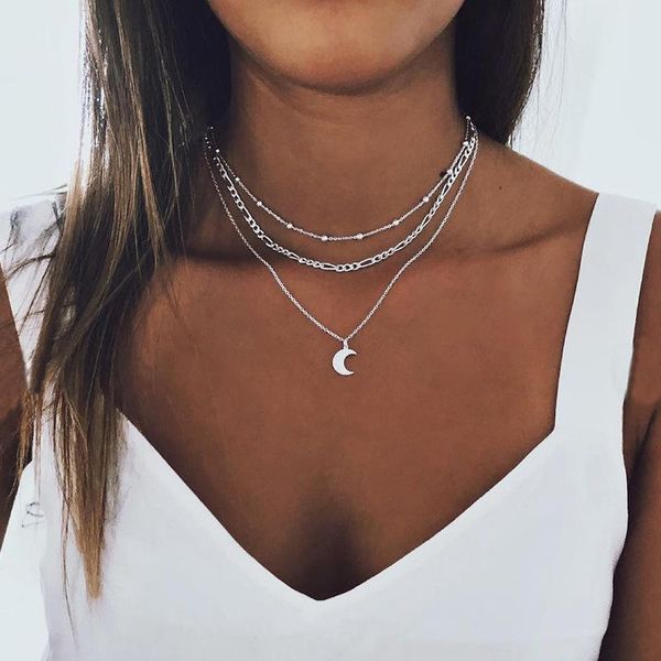 

moon necklace women bohemian style lotus pendant necklace multilayer pendant choker women's jewelry accessories collares, Silver