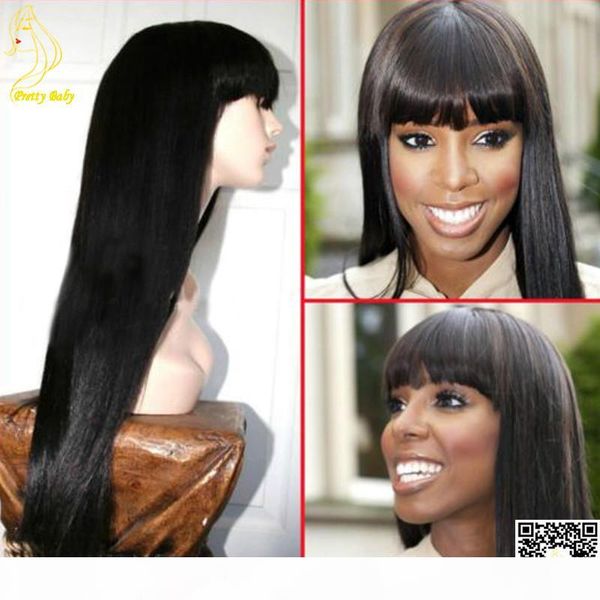 

silky straight full lace wig with bangs brazilian lace front human hair wig silky straight human hair wigs, Black;brown