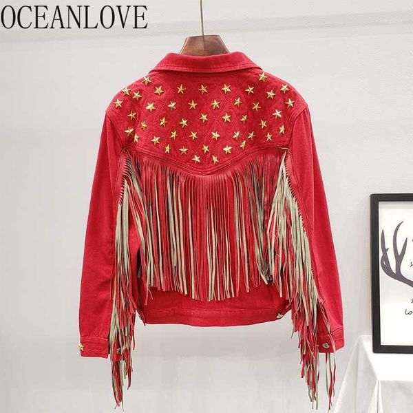 

oceanlove tassel streetwear mujer chaqueta 2020 autumn solid rivets fashion women jackets denim vintage ropa de mujer 175301, Black;brown