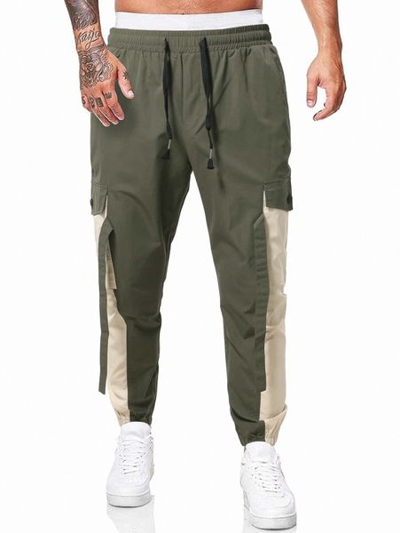 

men flap pocket color block drawstring waist cargo pants f7nn#, Black