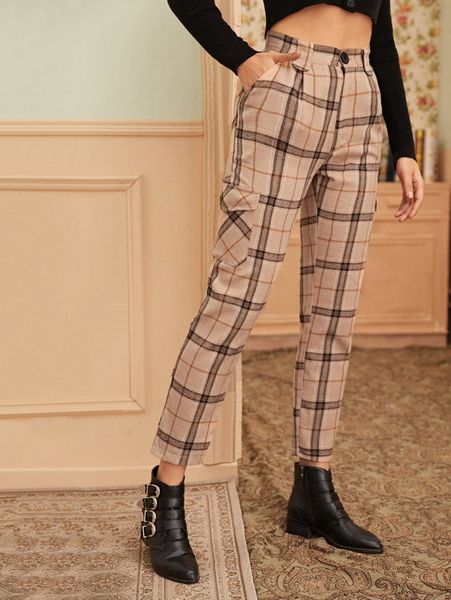

flap pocket plaid straight pants 46ic#, Black;white