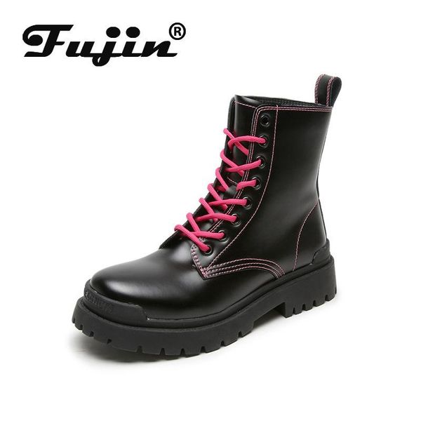 

fujin platform motorcycle boots genuine leather cow soft lace up platform high heel riding booties ankle boots for women, Black