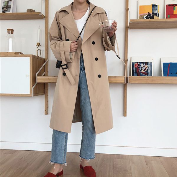 

women's khaki belt long trench coat female turn-down collar double breasted trenches casual autumn winter office lady outwear 201027, Tan;black