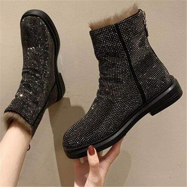 

boots winter bling crystals women snow handmade shiny rhinestones diamonds cow suede flat ankle warm shoes botas eu 35-39, Black
