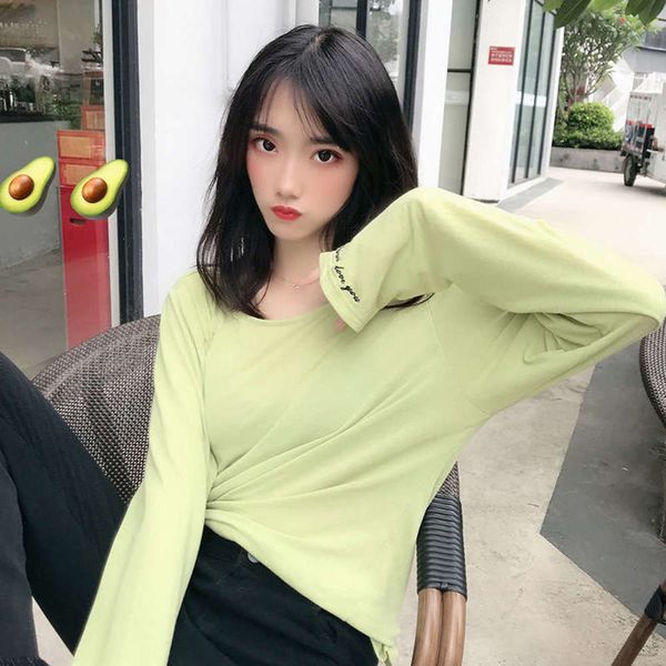 

women's cec long sleeve t-shirt super fire fall 2019 lazy wind loose butter fruit green, Black;gray