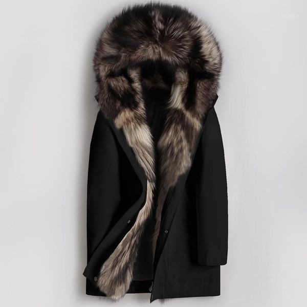 

real fur coat winter jacket men real wolf fur parka men clothes 2019 warm long trench coat sleeve jackets plus size1, Black