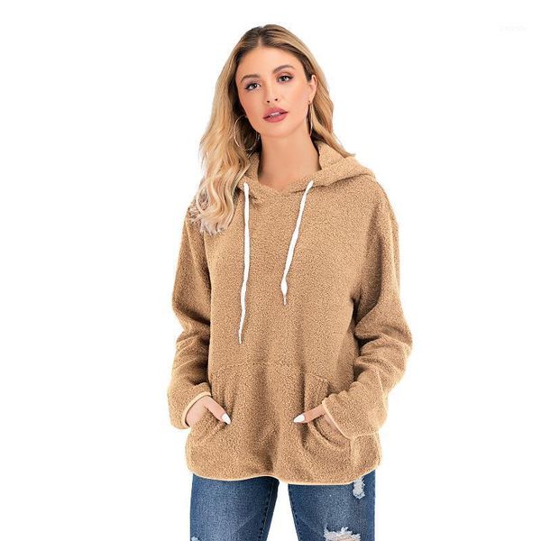 

women's autumn/winter new hooded fur coat long-sleeved solid color caramel khaki pullovers1, Black