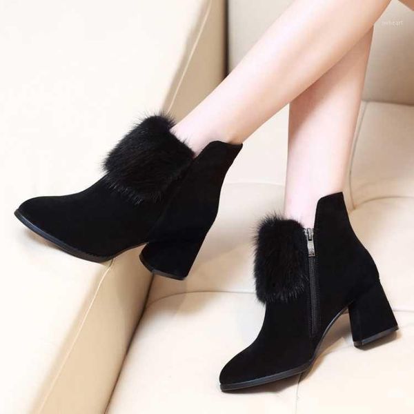 

boots 2021 thick heel high short women's shoes winter mid tube fashion hairy shoes1, Black