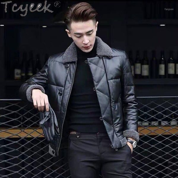 

tcyeek streetwear winter autumn 100% real leather jacket men moto biker natural sheepskin coat mens genuine leather jackets te881, Black