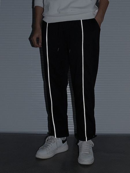 

men reflective contrast piping drawstring waist sweatpants 04so#, Black