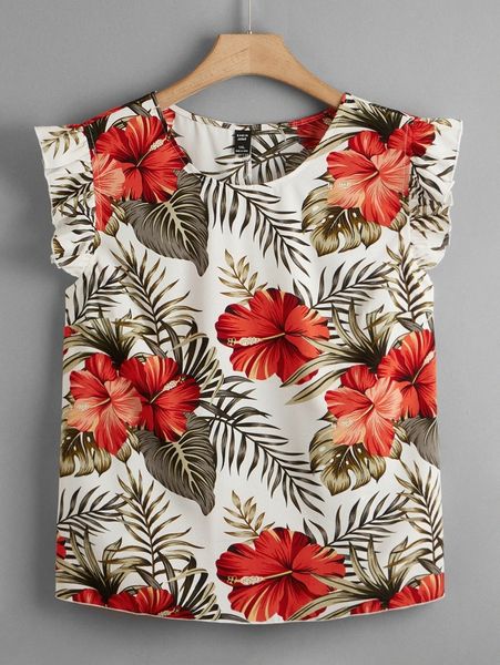

plus tropical & floral print ruffle trim blouse v6zf#, Black