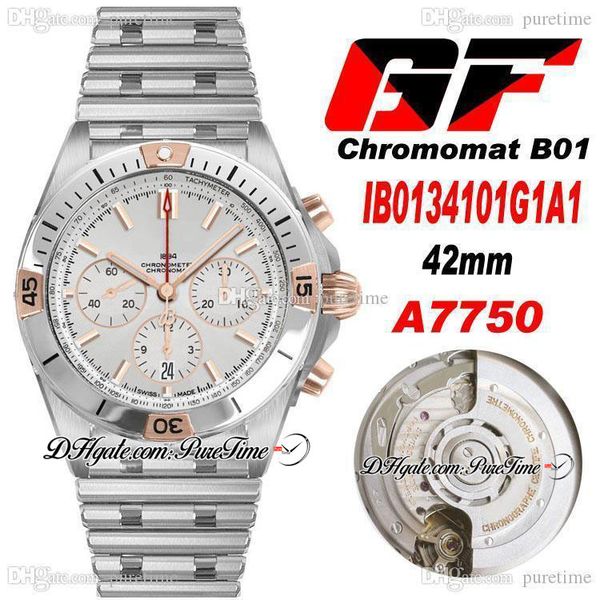 GF B01 ETA A7750 Automatik-Chronograph Herrenuhr 42 mm zweifarbiges Roségold-Silber-Zifferblatt mit Strichmarkierungen IB0134101G1A1 Edelstahlarmband Super Edition Puretime