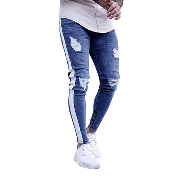 

men's jeans skinny for men distressed stretch ice blue ripped side zipper slim fit stripe drop