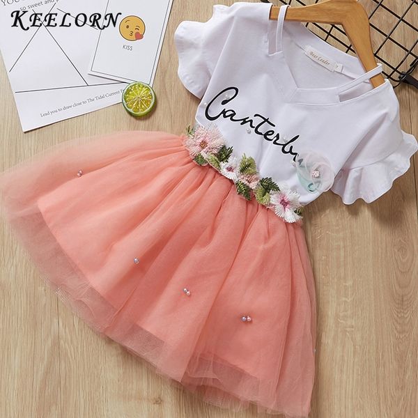 

keelorn girls clothing sets summer brand kids clothes flower short sleeve t-shirt+ tutu dress 2pcs toddler children dresses y200525, White