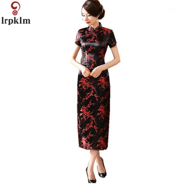 

large elegant women cheongsam long dress brides short sleeve fake silk printed big size 6xl chi pao chinese traditional lz9111, Black;gray