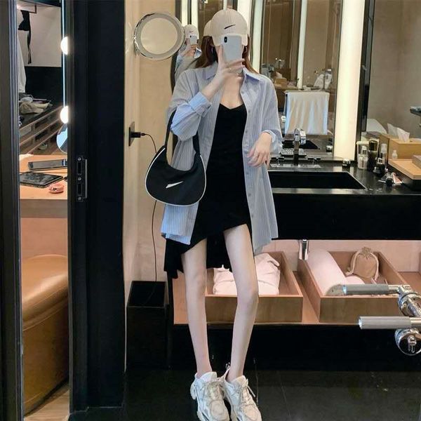 

azzhi irregular skirtsling slim dress children's loose casual shirt two piece suit autumn fashion suspender skirt suspender black skirt, Gray