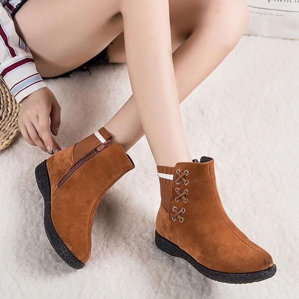 

winter ladies snow boots cross tied patchwork striped casual plush zippers flats female short ankle boots, Black