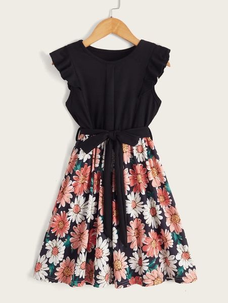 

toddler girls floral print ruffle trim belted a-line dress she, Red;yellow