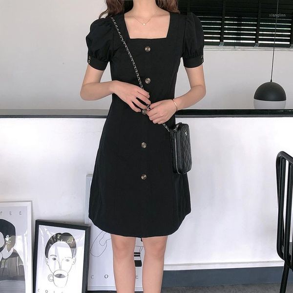 

vintage women square neck black dress ladies puff long sleeve dress female button decor bodycon for spring autumn1, Black;gray