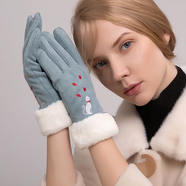 

autumn and winter suede women's touch screen lovely thickened korean student plush warm five finger gloves factory, Blue;gray