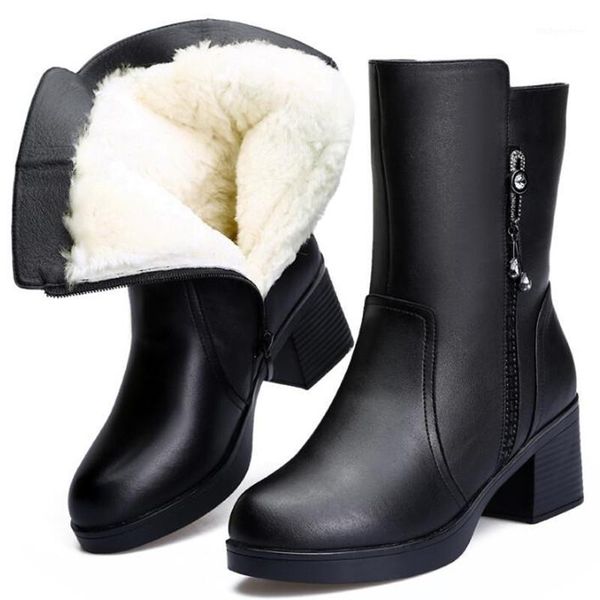 

boots fashion winter women rhinestone shoes snow warm wool genuine leather woman non-slip thick with high heels1, Black
