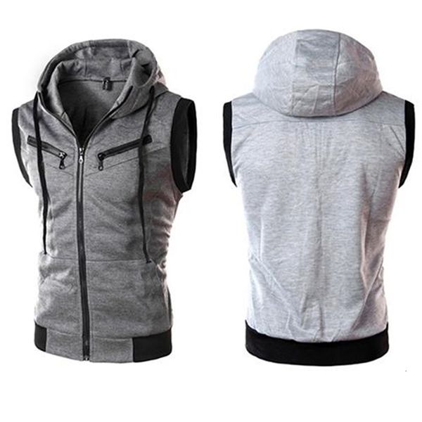 

men's fashion sleeveless zip fitness sports casual hooded vest outwear, White;black