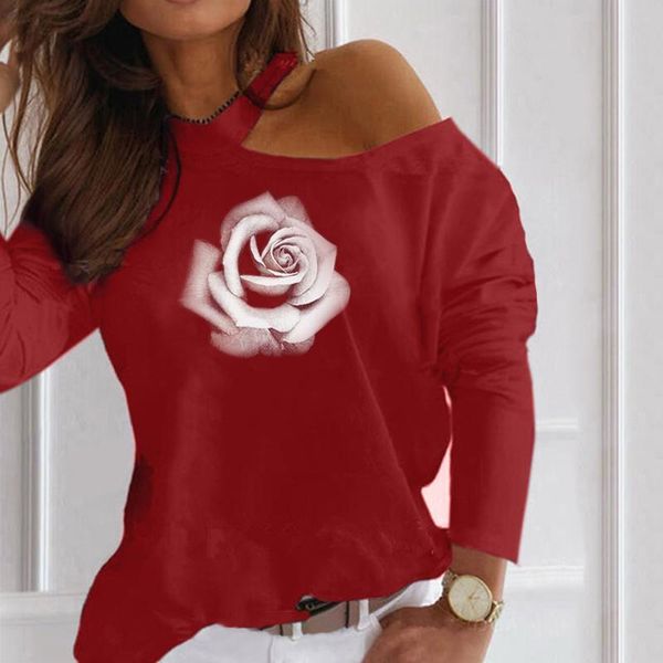 

women fashion rose printing long sleeves tshirts holloow one shoulder design harajuku shirt for female spring summer woman, White