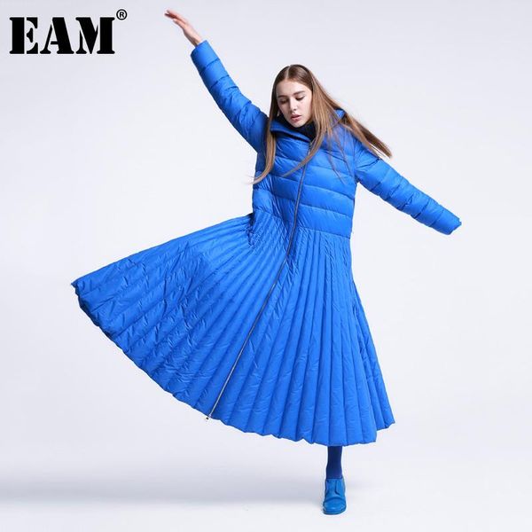 

eam] loose fit blue pleated big size long down jacket new long sleeve warm women parkas fashion tide autumn winter 2020 1da026, Black