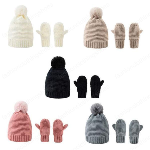 Ins Baby Kinder Jungen Mädchen Mützen mit Handschuhen 3-teiliges Set Gestrickte Winter Kinder Mützen Pompom Häkelmützen