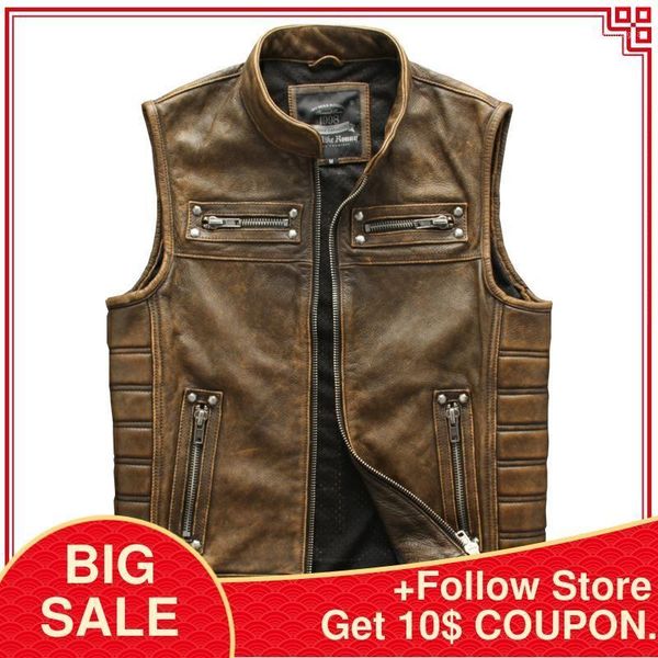 

2020 vintage brown motorcycle style leather vest men plus size 4xl genuine cowhide autumn slim fit biker's leather vest1, Black;white