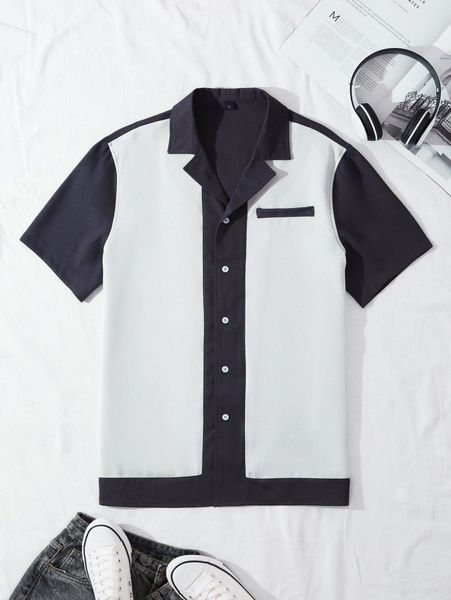 

men color block decor pocket shirt k1pf#, White;black