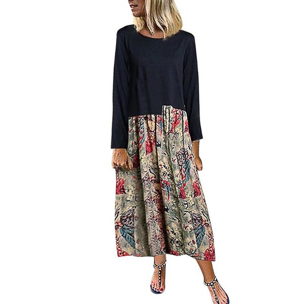 

none women clothing autumn dress ankle-length casual polyester women dress elegant color collision printing o-neck long dresses, Black;gray
