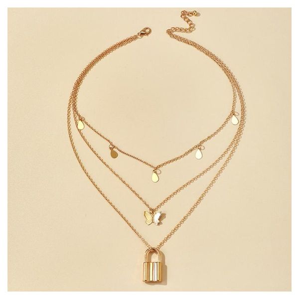 

2021 new fashion butterfly retro layered pendant padlock necklace choker jewelry for women girl gift party d88, Silver