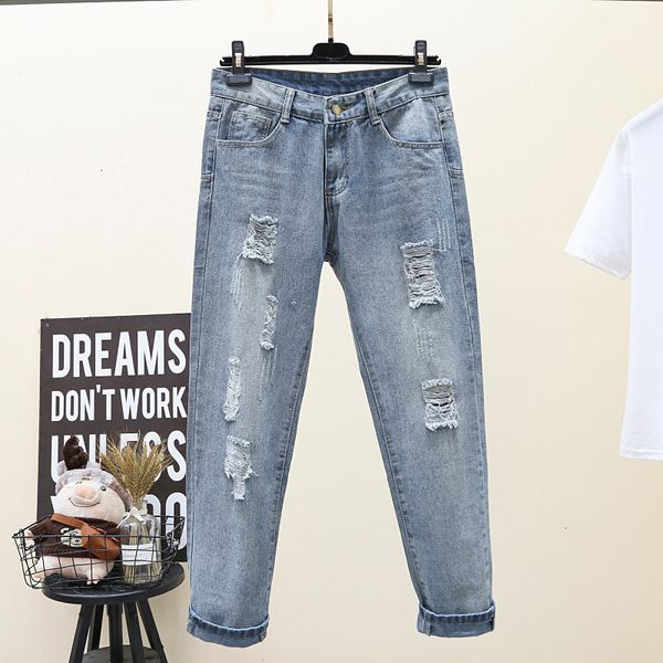 

2021 new plus size 5xl hole light blue jeans woman spring summer high waist boyfriend style fashion denim pants female jean y197 3ari