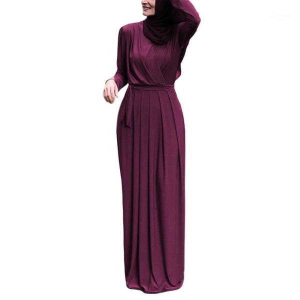 

women muslim long sleeve abaya maxi dress cross ruched v-neck belted high waist pleated robe ramadan dubai hijab kaftan1, Black
