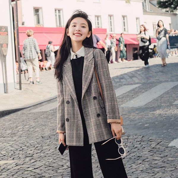 

women's suits & blazers plaid stylish ladies blazer gray loose casual vintage suit jacket veste femme longue korean women spring autumn, White;black