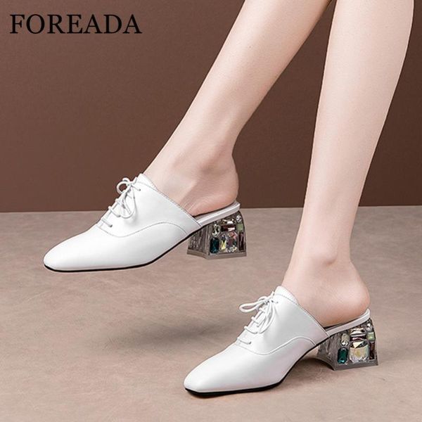 

foreada women mules shoes natural genuine leather pumps crystal block high heel shoes fashion bow square toe lady footwear 4, Black