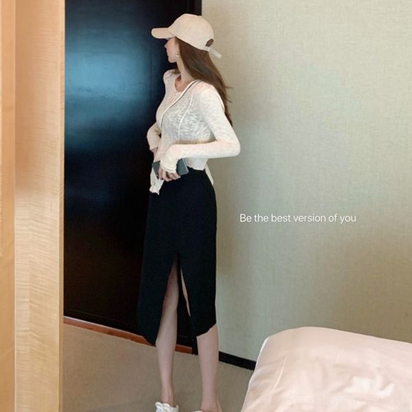 

ckpbr set 2020 knitwear skirt knitted sweater knitwear new fashionable style korean autumn women high waist irregular half-length skirt t, Gray