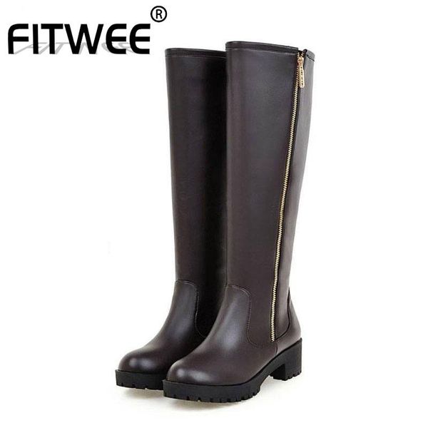 

boots fitwee knee high women winter keep warm fur platform shoes square heels fashion zipper long size 34-43, Black