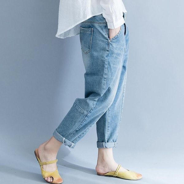 

women's jeans fashion casual women loose denim pants korean wash vintage harem cotton 2021 spring plus size female, Blue