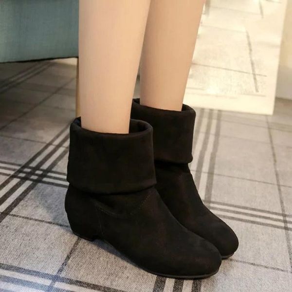 

spring autumn women's boots women female round toe mid-calf sweet princess party boot stylish flat flock shoes snow boots, Black